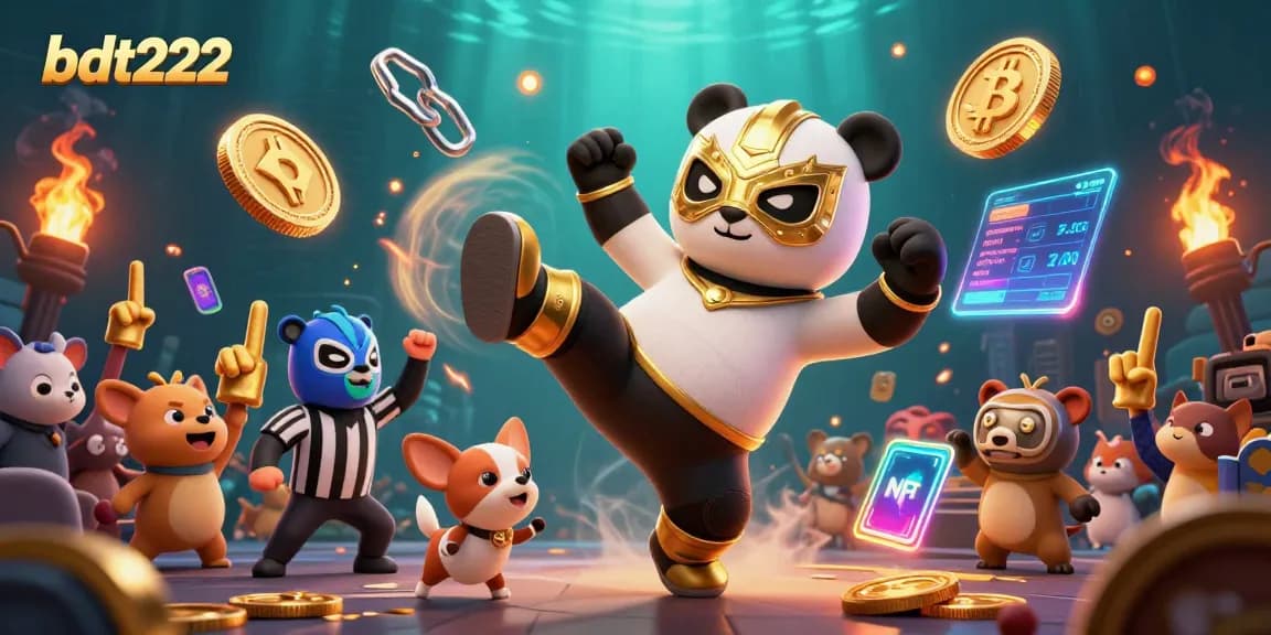 Experience the thrill of bdt222 with a vibrant 3D wrestling scene surrounded by crypto elements.