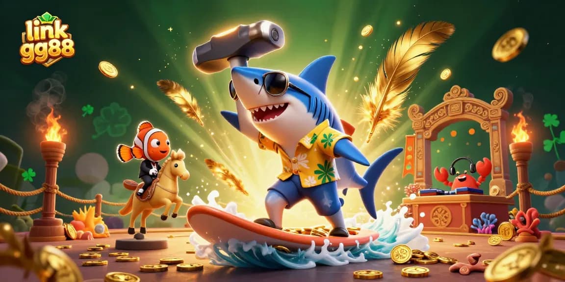 Surf the wave of fortune with link gg88, featuring a shark and clownfish in casino-themed illustration.