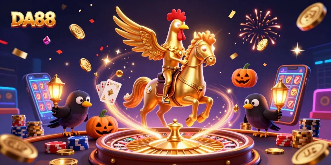 Experience the thrill of DA88 with an exciting casino scene featuring a golden rooster and magical companions.