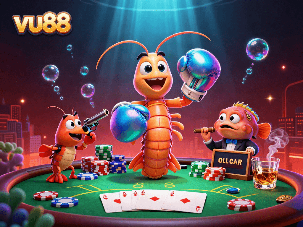 Experience thrilling poker action with vu88 featuring a vibrant 3D scene of cartoon shrimp at a casino