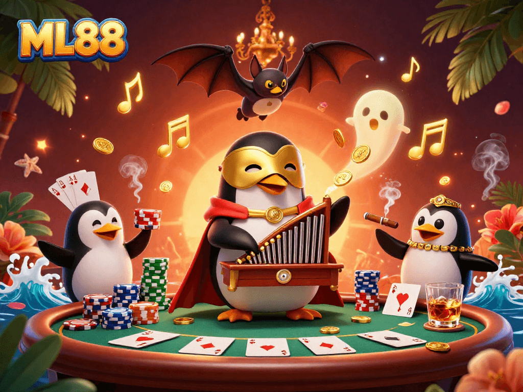 Experience thrilling gameplay with ML88, featuring a cartoon penguin organist shooting coins amidst lively casino elements.