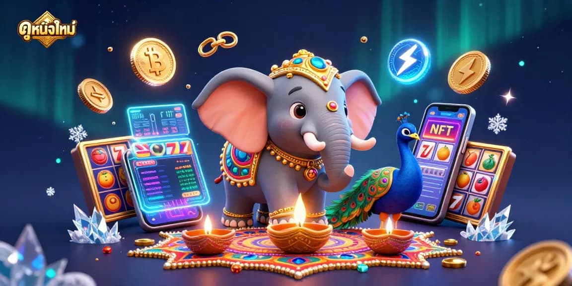 Engage with ดูหนังใหม่ in a vibrant scene filled with neon coins and dynamic gambling elements.