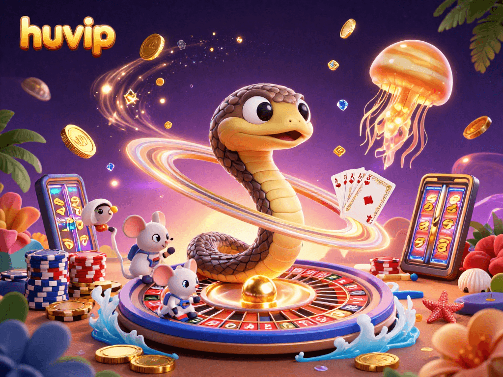 Experience the thrill of huvip gaming with vibrant casino elements and cosmic characters.