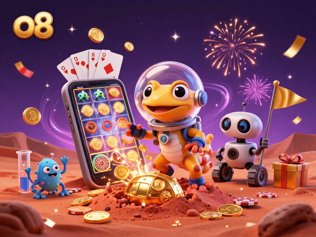 Experience the thrill of o8's unique casino adventures with vibrant 3D characters and engaging game elements.