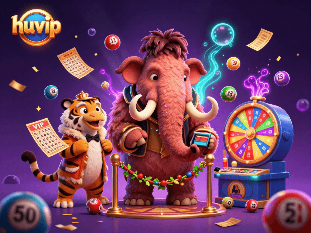 Experience the vibrant energy of huvip, where a woolly mammoth bouncer welcomes lively VIP guests in a dynamic casino scene.
