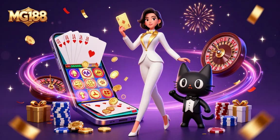 Experience excitement with MG188's glamorous casino scene featuring games and festive elements.