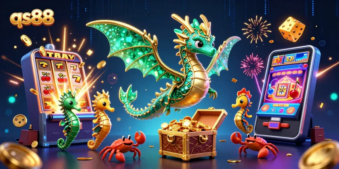 Experience thrilling gameplay at qs88 with a majestic sea dragon, treasure, and exciting casino elements.