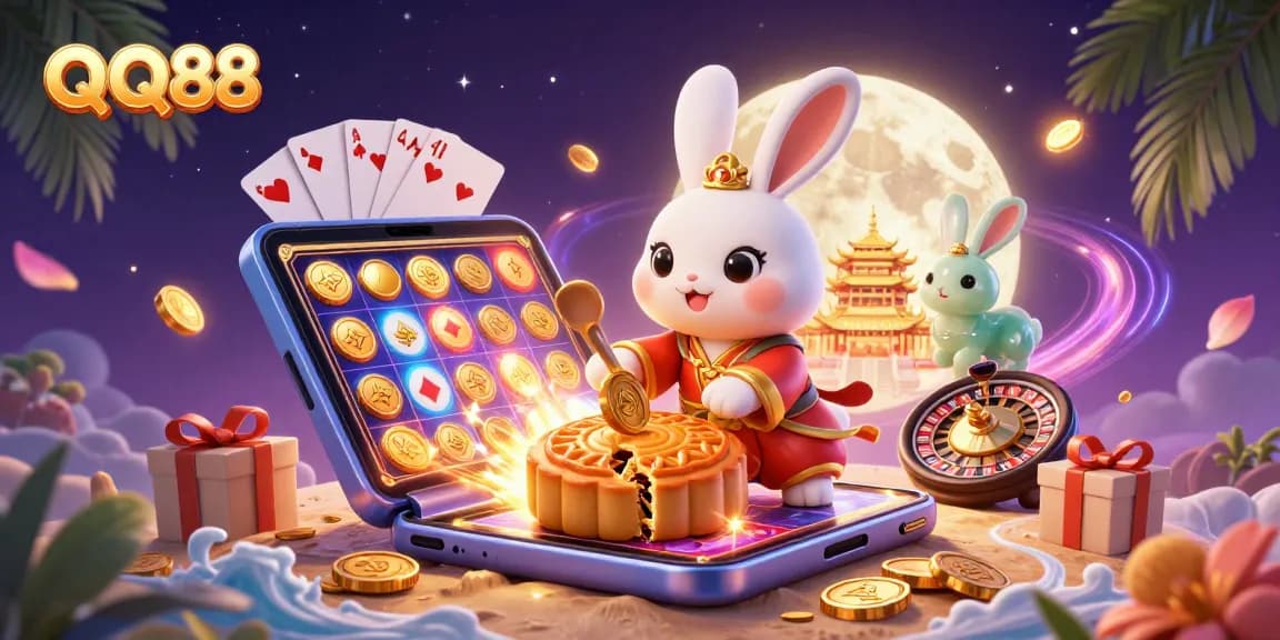 Experience the thrilling world of QQ88 with a festive casino-themed moon scene rich in detail and color.