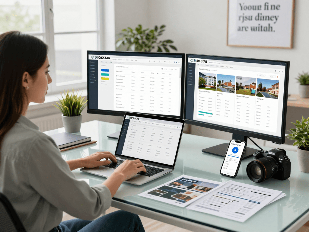 Realtor using IDXSTAR software on dual monitors in a modern office