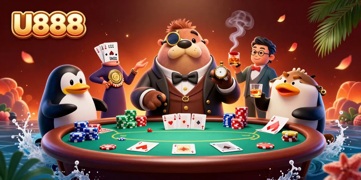 Experience the excitement of U888 as a walrus plays poker, bluffing with style in an underwater setting.