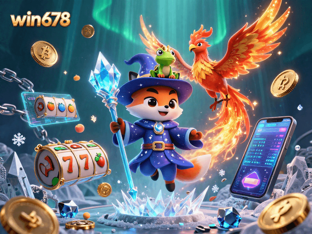 Win678's enchanting casino world featuring vibrant games, fortune symbols, and a mystical wizard fox.