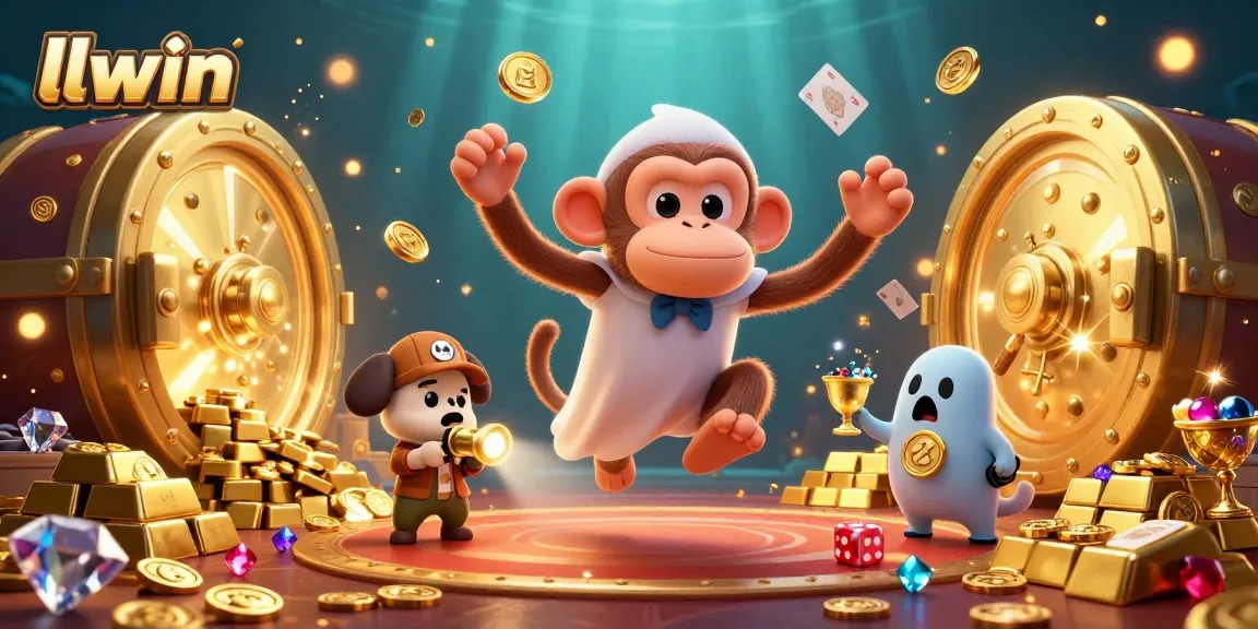 Experience excitement at llwin as a playful poltergeist monkey juggles sparkling treasures within a lively casino hue.