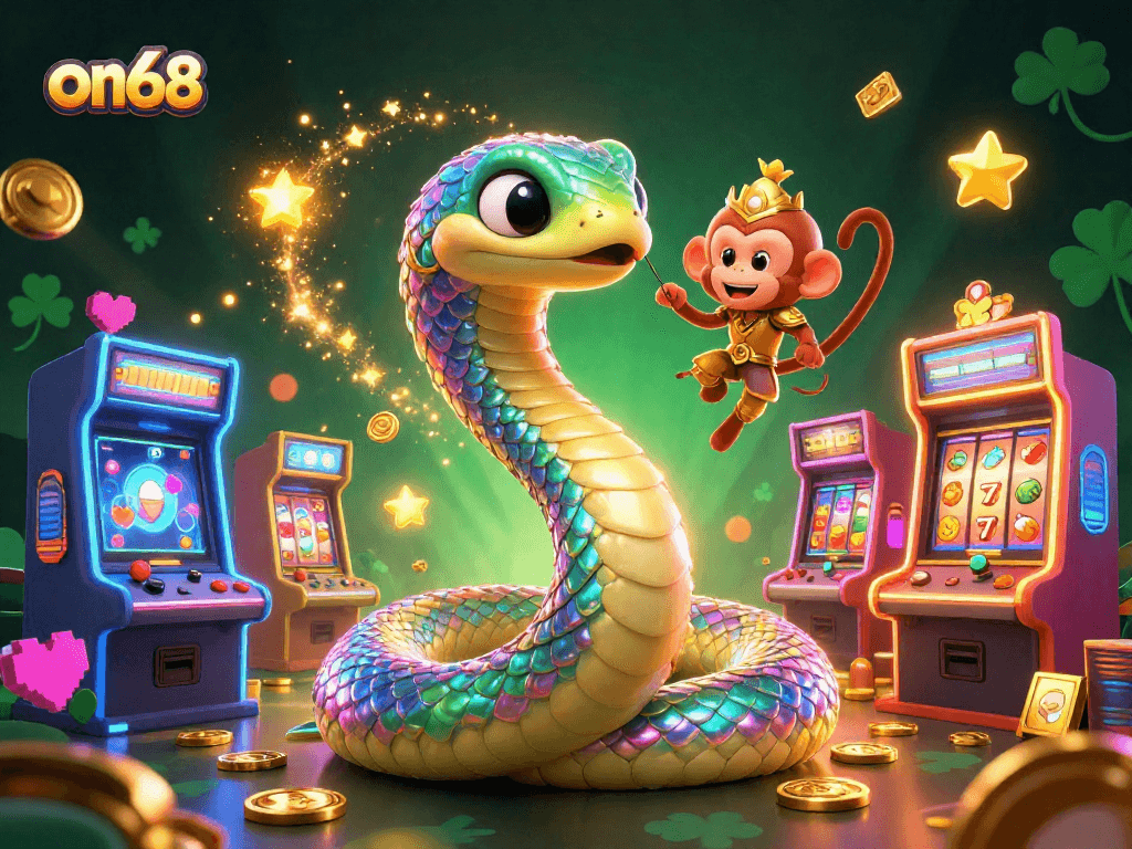 Experience the exciting world of on68 with slot machines spinning in a vibrant scene featuring a rainbow serpent.