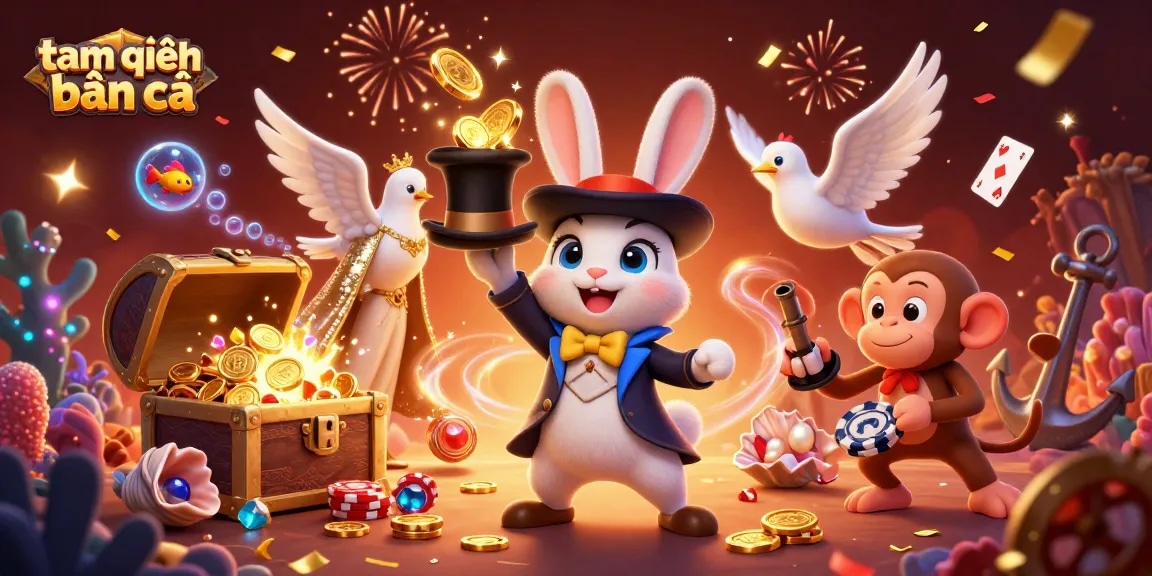 Engage in tam tiên bắn cá with the magician rabbit drawing coins in a vibrant casino scene.