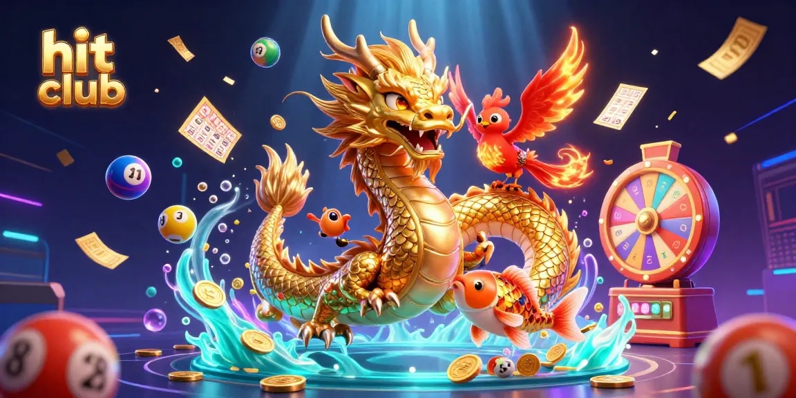 hit club showcases a vibrant casino scene with a golden dragon, phoenix, and koi fish amidst lottery elements