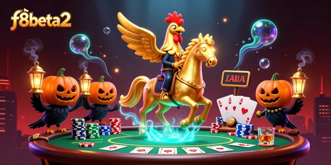 Join the golden rooster in the thrilling f8beta2 casino experience, surrounded by vibrant poker elements.