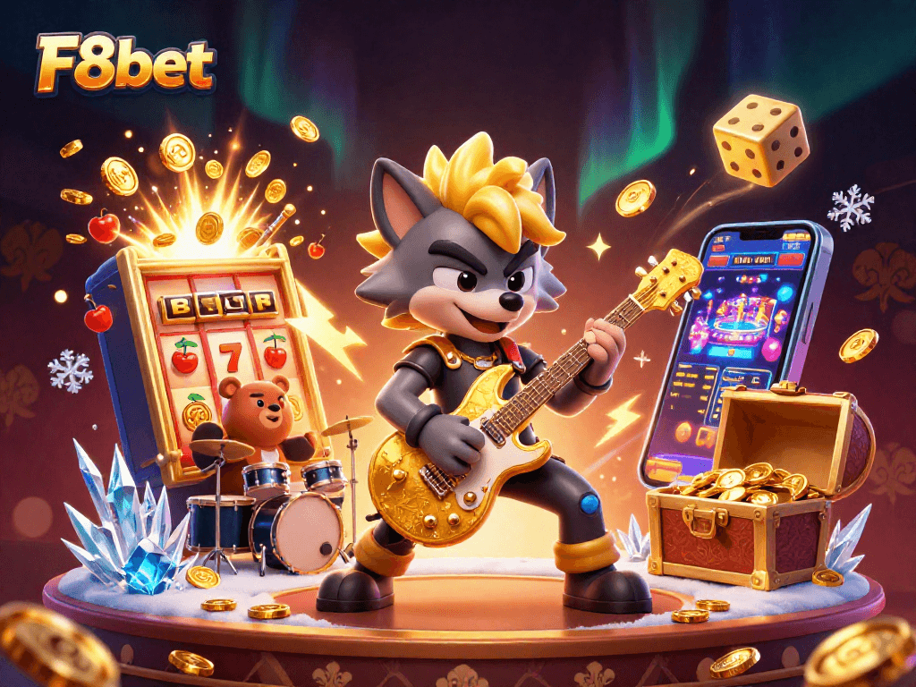 F8bet showcases electrifying online casino action with rock star characters amid slot machine excitement.