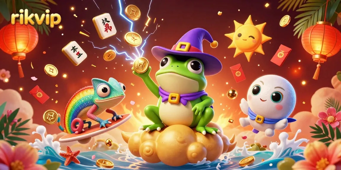 Experience vibrant gameplay with rikvip's dazzling wizard frog and chameleon in a rich 3D casino scene.