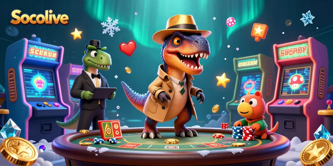 Socolive showcases a playful velociraptor card counter in a vibrant casino scene, featuring engaging gaming elements and dynamic visuals.