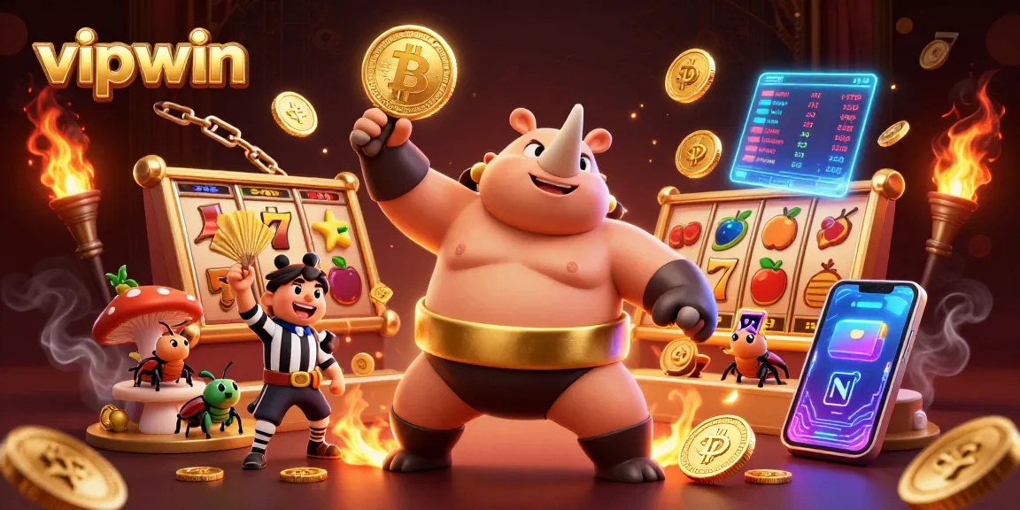 Experience the excitement of vipwin as the sumo beetle champion stomps coins amidst vibrant casino elements.