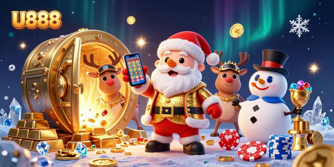Experience winning excitement at U888 with Santa and friends in a vibrant casino-themed illustration.