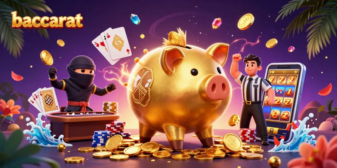 Baccarat game representation with a golden piggy bank sumo wrestler and dynamic casino atmosphere.