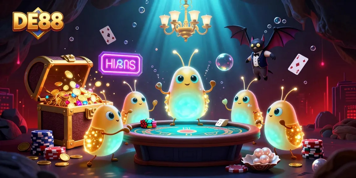 Experience DE88 with glowworms illuminating a vibrant cave casino setting during an exciting poker game.