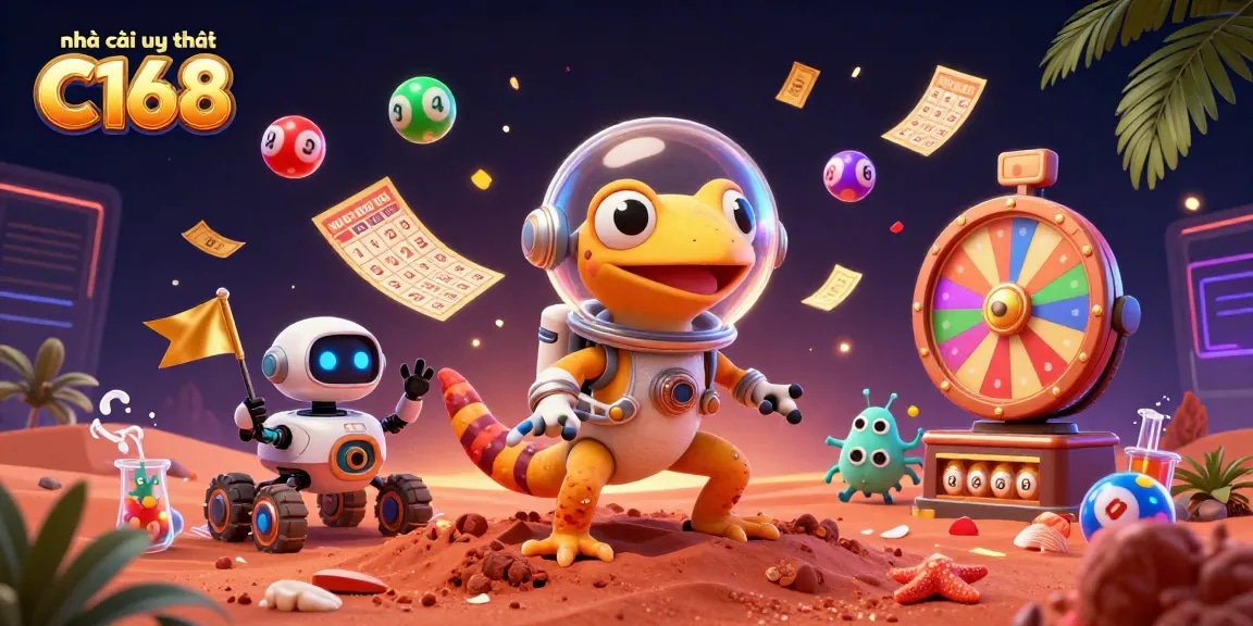 Experience the vibrant excitement of nhà cái uy tín C168 with a Martian gecko discovering a golden casino.