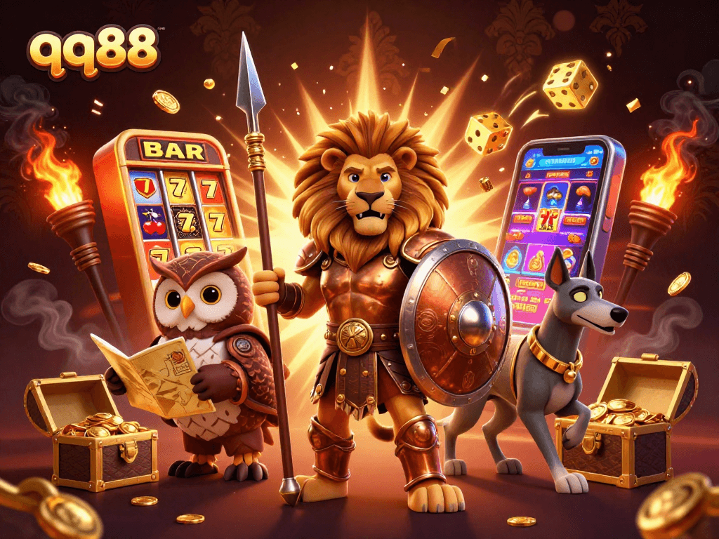 Experience thrilling gambling action with qq88 showcasing a jackpot explosion and vibrant casino elements.