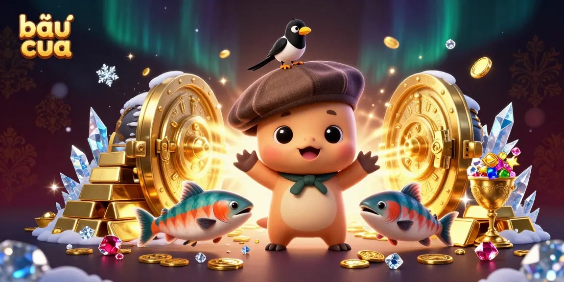 Engage in the vibrant bầu cua game surrounded by playful characters and treasures, infused with gambling excitement.