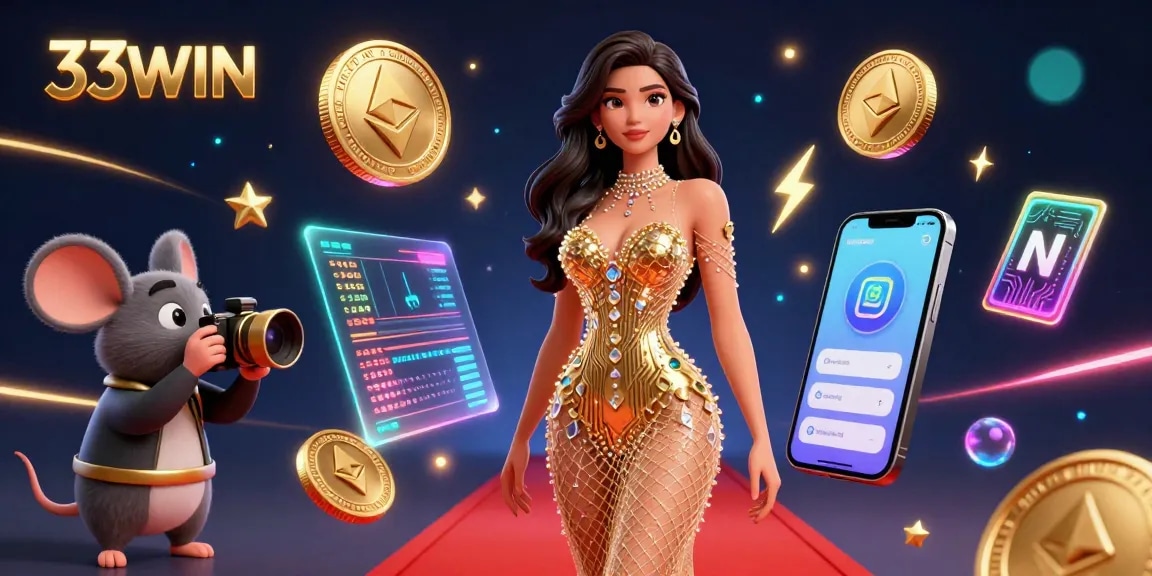 Engage with 33WIN's dazzling 3D casino scene featuring crypto elements and vibrant energy.