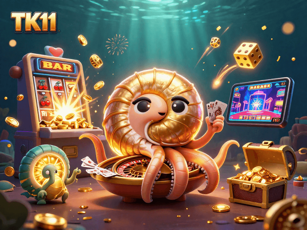 Experience entertaining moments at TK11 Casino with a vibrant 3D illustration of gaming action.