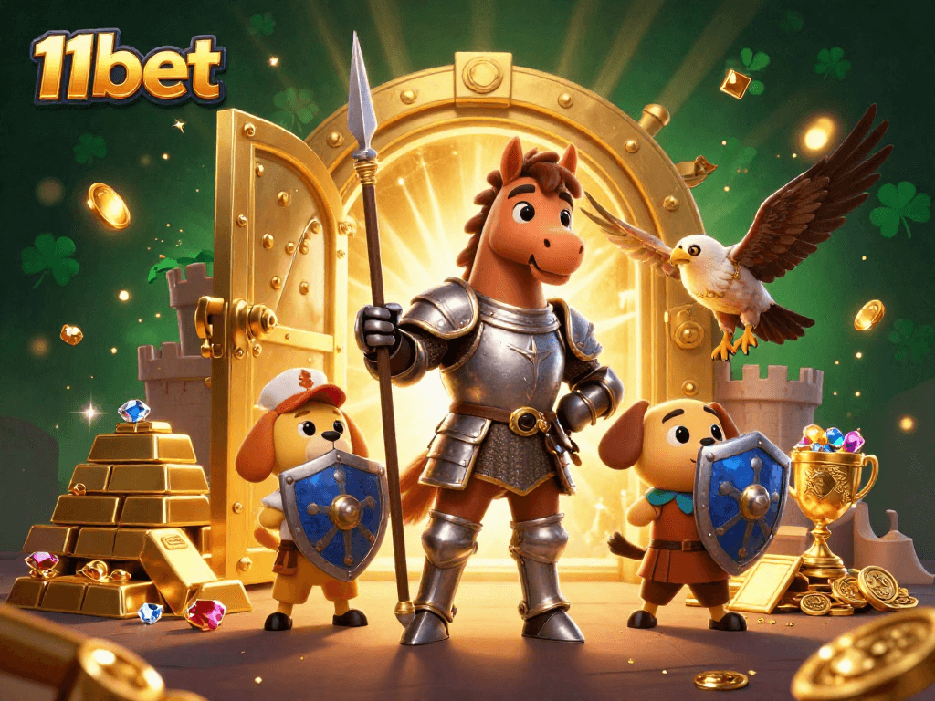 Experience the excitement of 11bet with a medieval knight, a squire puppy, and a falcon surrounded by treasure.