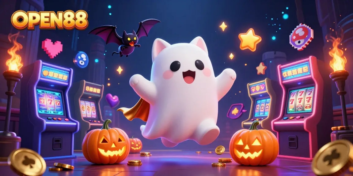 OPEN88 captures players' excitement with a ghost cat in a haunted casino, surrounded by glowing game elements.