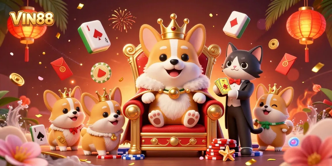 Experience VIN88's vibrant 3D casino scene with royal corgi royalty celebrating gaming excitement.