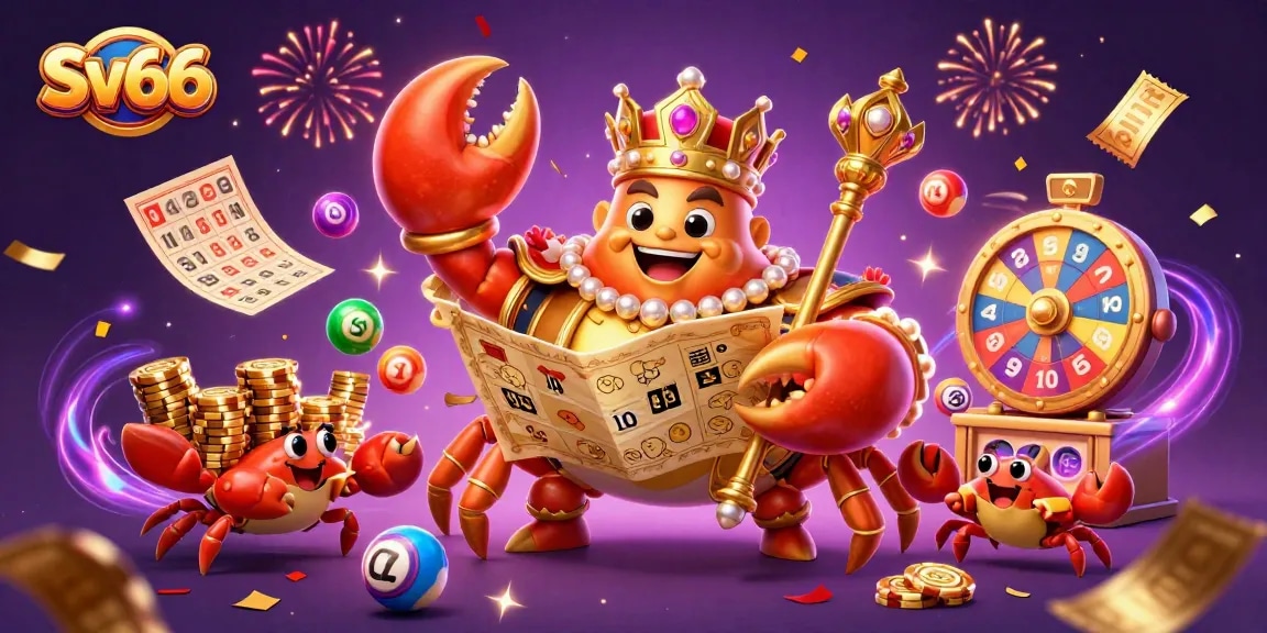 Experience the exciting world of Sv66 casino with a vibrant golden crab emperor, gaming elements, and dynamic visuals.