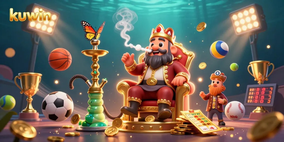 Experience kuwin's dynamic casino excitement with a colorful 3D scene filled with games and characters.