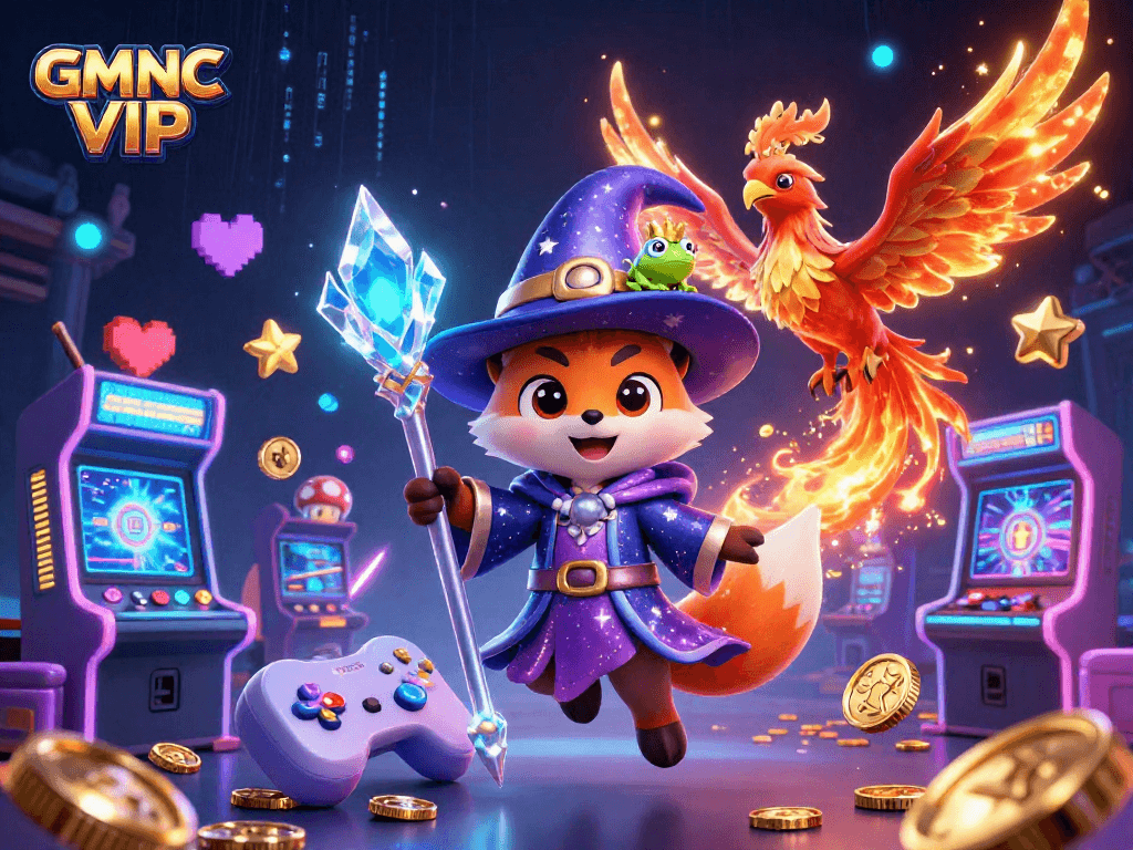 Experience GMNC VIP with a mystical wizard fox, phoenix, and vibrant arcade elements in stunning 3D!