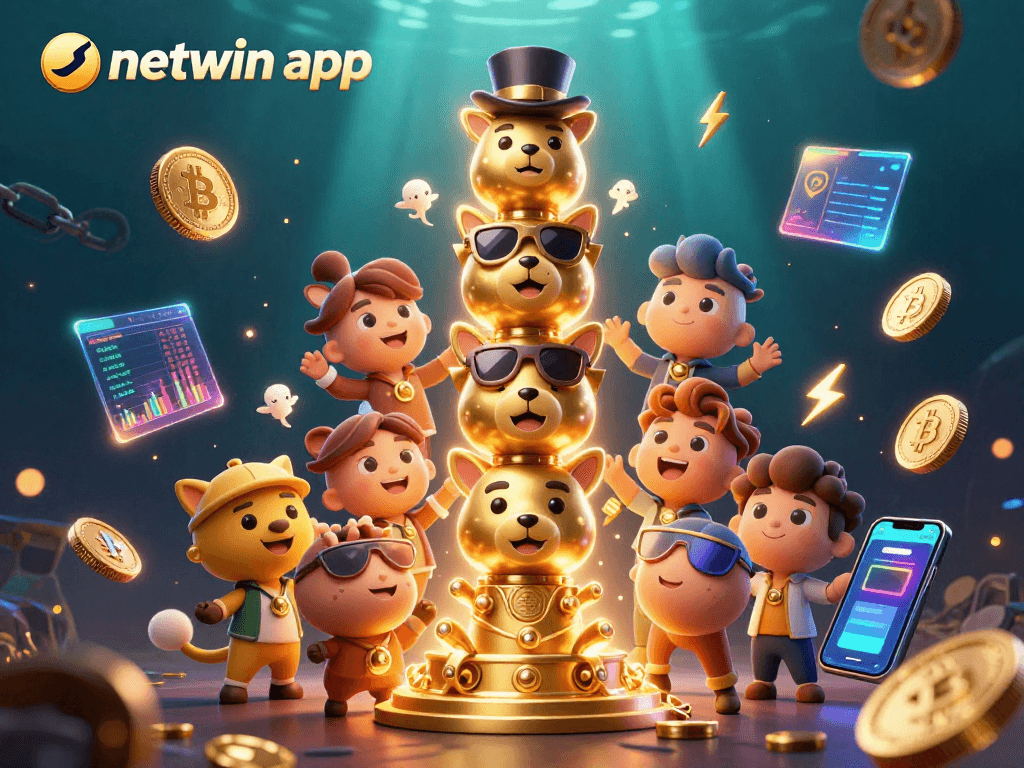 Engage with the vibrant world of netwin app featuring lively 3D casino-themed illustrations and crypto elements.