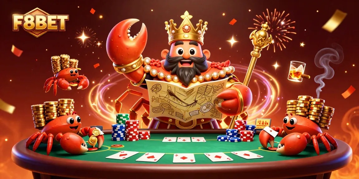 Engage with F8BET as the golden crab emperor commands poker supremacy in a vibrant casino scene.