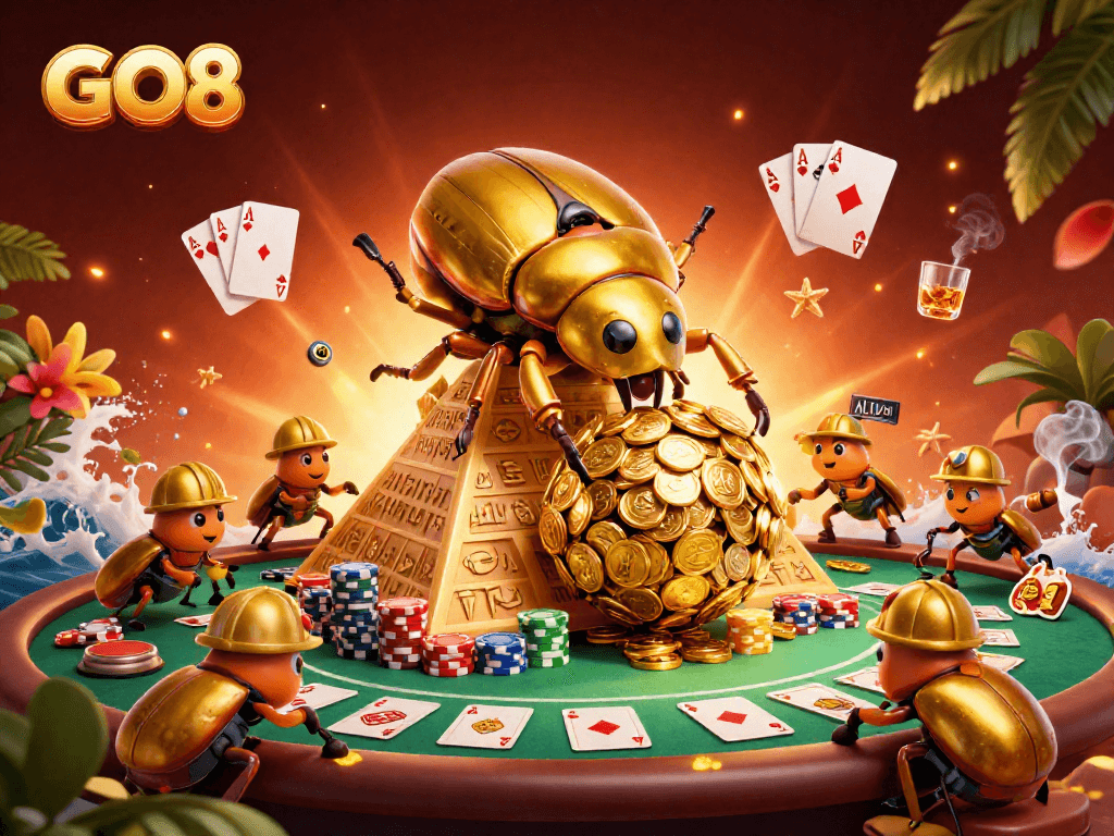 Engage with exciting GO8 casino action featuring animated golden beetles and poker elements.