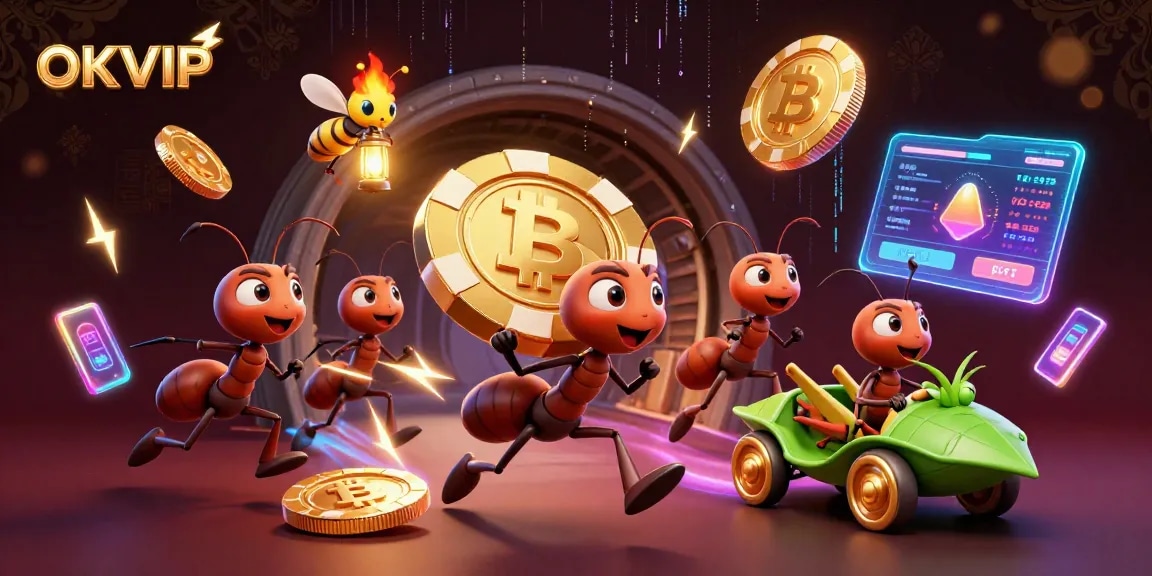 OKVIP heist scene with ants and grasshopper amid glowing crypto coins in a dynamic casino escape.