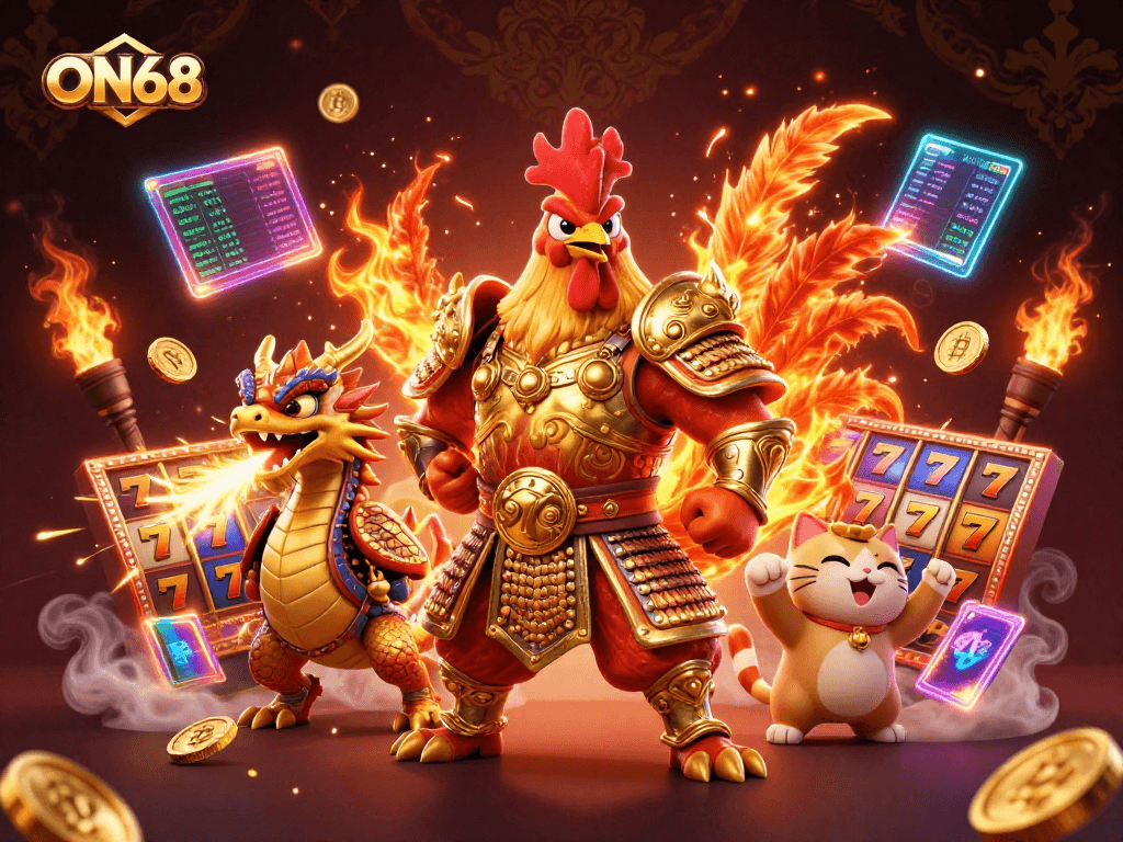 Engage with ON68's exciting gaming scene featuring a rooster warrior and dragon hatchling amidst slot reels and crypto coins.