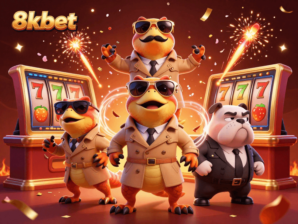 Experience thrilling gameplay at 8xbet with cartoon raptors sneaking into a VIP lounge surrounded by vibrant casino elements.