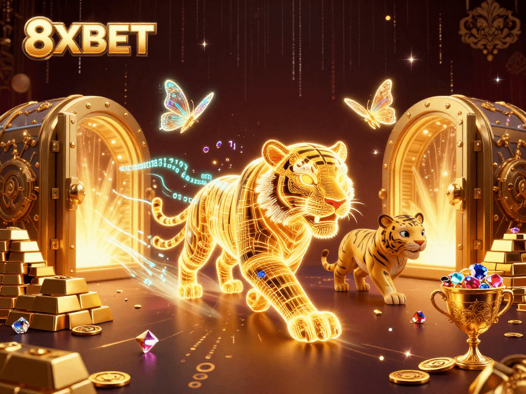 Experience the thrill of winning at 8XBET, where a golden tiger navigates a vibrant casino landscape.
