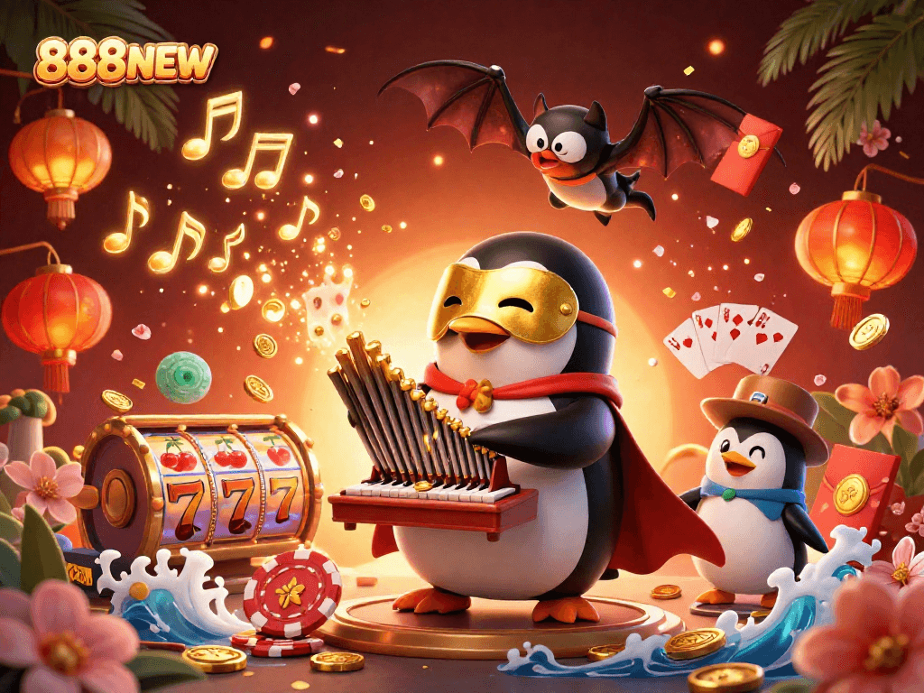 Experience thrilling casino action with 888NEW featuring a vibrant digital scene with a phantom penguin.