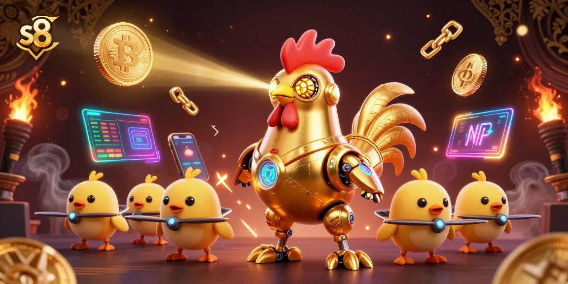 S8 players engage in thrilling casino games with a golden rooster robot and chick drones.