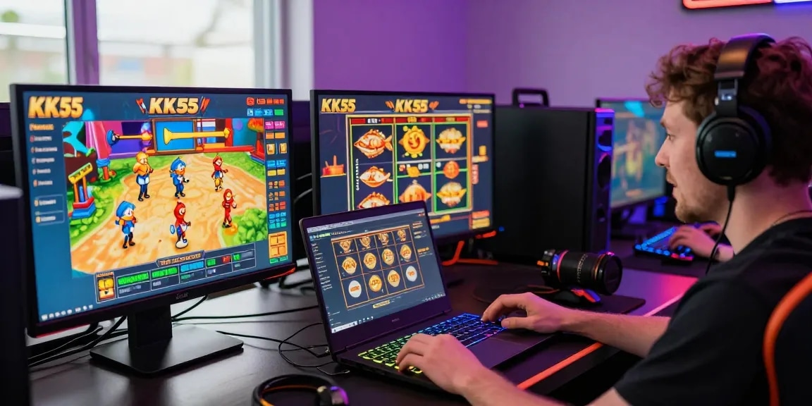KK55 gaming excitement with user engaged in diverse online betting experience.