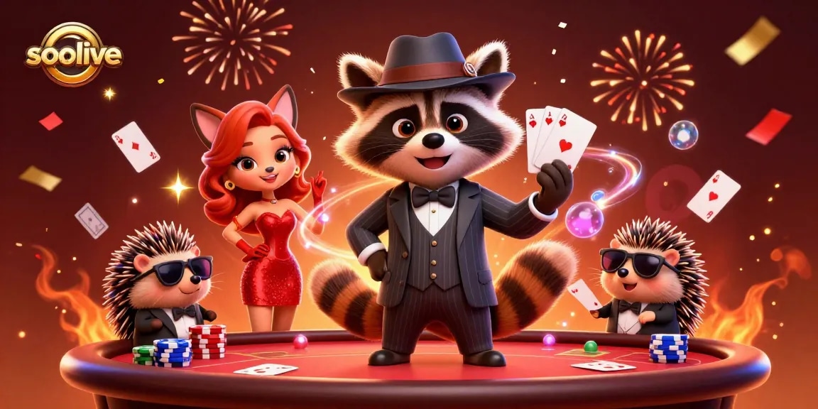 Socolive delivers thrilling poker action as a suave raccoon flaunts a royal flush amid celebratory casino elements.