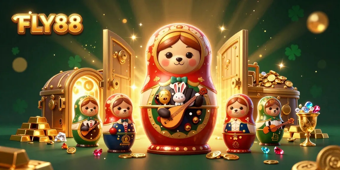 Experience the excitement of FLY88 with a vibrant 3D casino scene featuring playful characters and rich treasures.